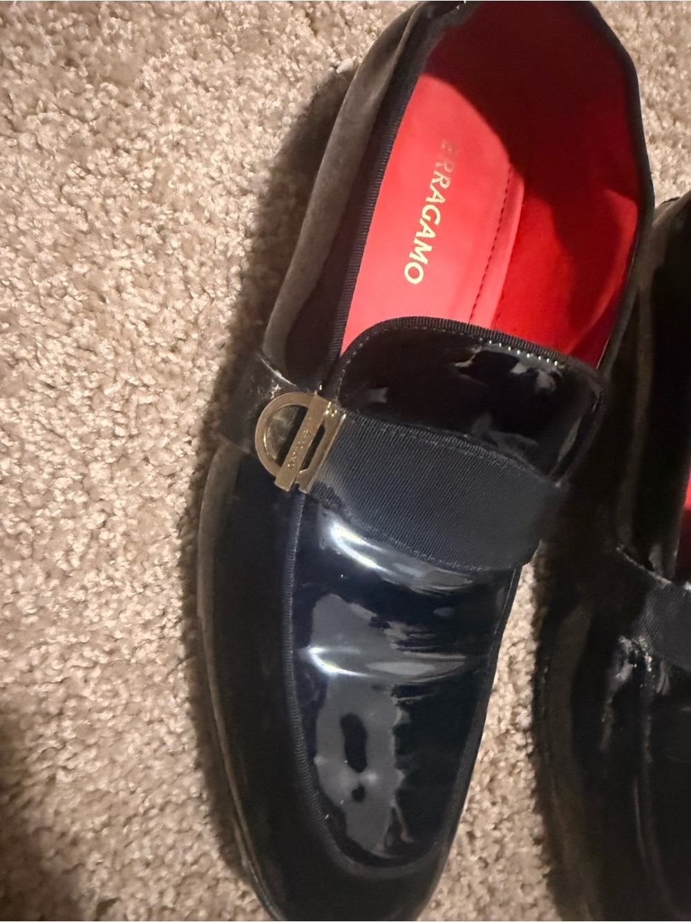 Salvatore Ferragamo Black Patent Leather Loafers with Gold Gancini